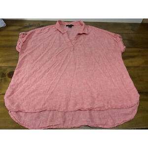 Tahari Blouse Women 1X Pink Linen Blend Short Sleeve V-Neck Top